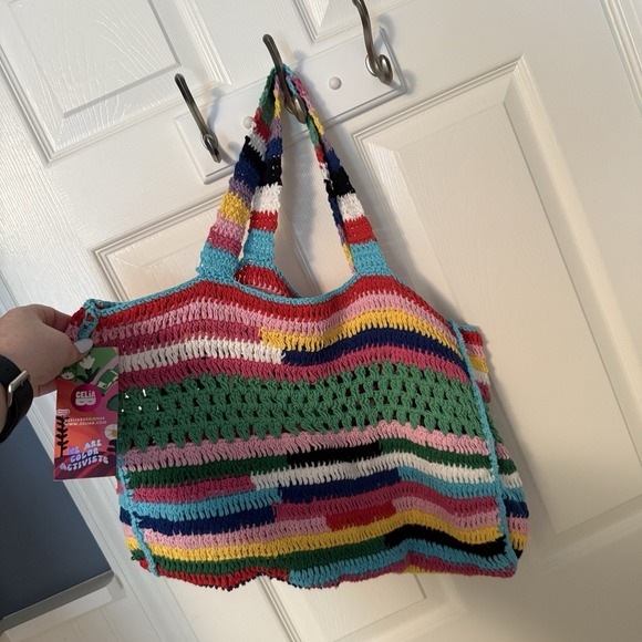 Celia B Rainbow Stripe Crochet Tote Purse Handbag Shoulder Bag Boho Festival NWT - Picture 1 of 12